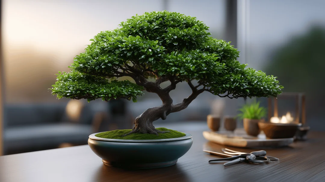 Elegant bonsai tree in a ceramic pot on a wooden table