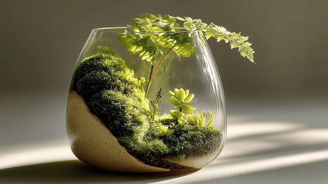 Whimsical fairy garden scene with tiny houses and figurines